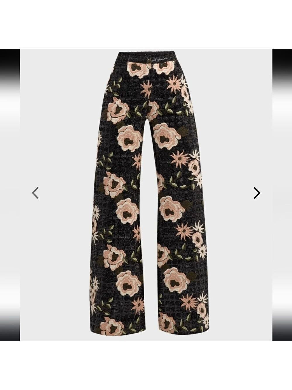 NWT Elie Saab Floral Embroidered Tweed Pants Sz 2 Luxury Designer Wide Leg